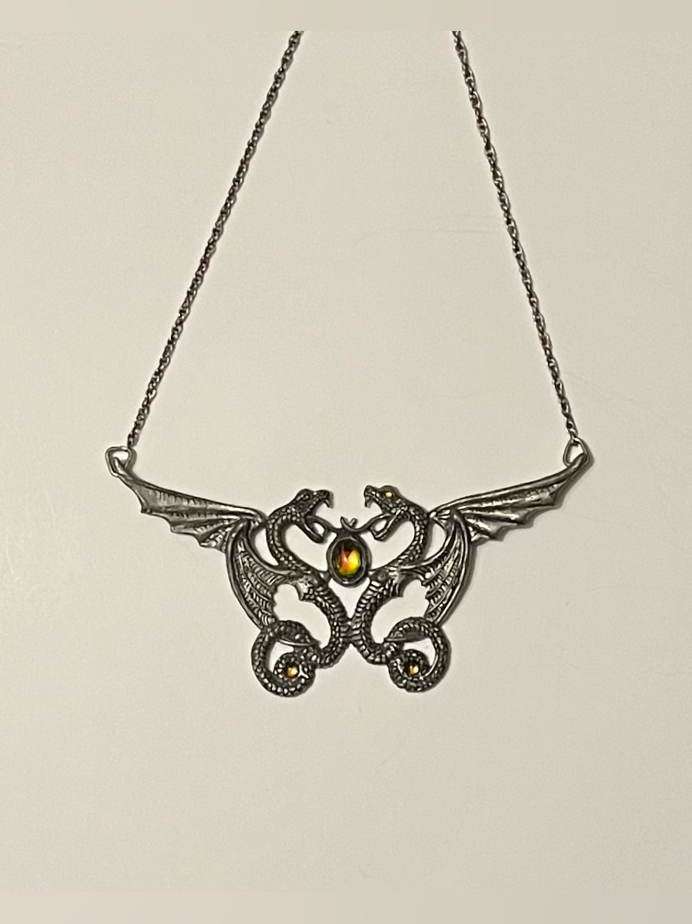 Vintage 1992 Fellowship Foundry Pewter Dual Dragon Necklace Signed by O’Hare